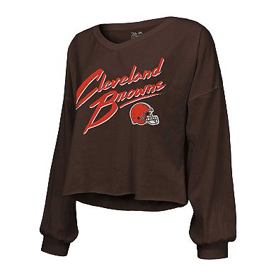 Women's Majestic Threads Nick Chubb Brown Cleveland Browns Name & Number Off-Shoulder Script Cropped Long Sleeve V-Neck T-Shirt