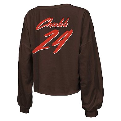 Women's Majestic Threads Nick Chubb Brown Cleveland Browns Name & Number Off-Shoulder Script Cropped Long Sleeve V-Neck T-Shirt