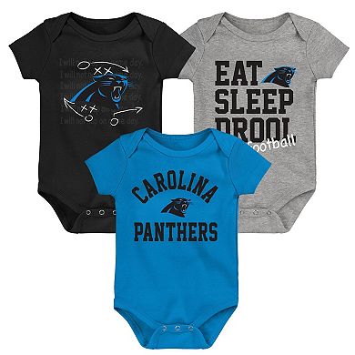Newborn & Infant Blue/Black/Heather Gray Carolina Panthers Three-Pack Eat, Sleep & Drool Retro Bodysuit Set