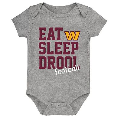 Newborn & Infant Gold/Burgundy/Heather Gray Washington Commanders Three-Pack Eat, Sleep & Drool Retro Bodysuit Set