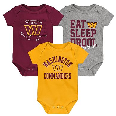 Newborn & Infant Gold/Burgundy/Heather Gray Washington Commanders Three-Pack Eat, Sleep & Drool Retro Bodysuit Set