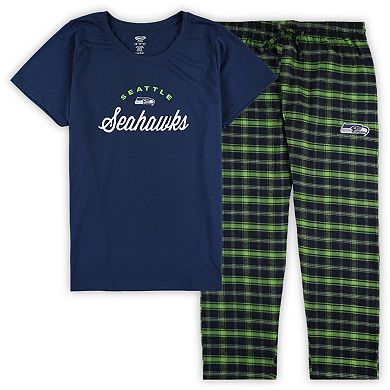 Women's Concepts Sport Navy Seattle Seahawks Plus Size Badge T-Shirt & Flannel Pants Sleep Set