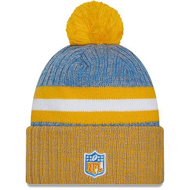 Men's New Era Powder Blue/Gold Los Angeles Chargers 2023 Sideline Sport Cuffed Pom Knit Hat