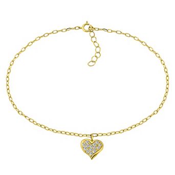 Aleure Precioso 18K Gold Plated Pave Cubic Zirconia Heart Charm Anklet