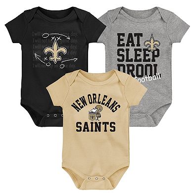 Newborn & Infant Black/Gold/Heather Gray New Orleans Saints Three-Pack Eat, Sleep & Drool Retro Bodysuit Set