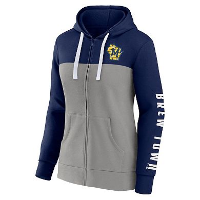 Women's Fanatics Branded Navy/Gray Milwaukee Brewers Take The Field Colorblocked Hoodie Full-Zip Jacket