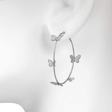 Emberly Silver Tone Butterfly Detail Hoop Earrings