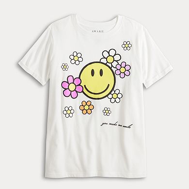 Juniors' Smiley Floral Rolled Cuff Graphic Tee