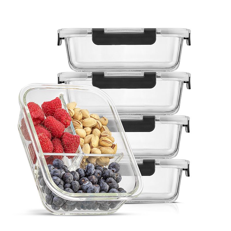 JoyJolt 3-Sectional Food Prep Storage Containers, Set of 5, Black