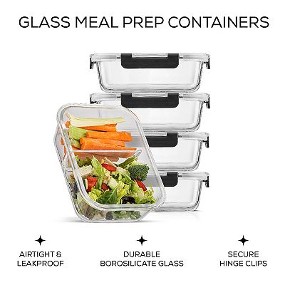 JoyJolt 2-Sectional Food Prep Storage Containers - Set of 5 - Black