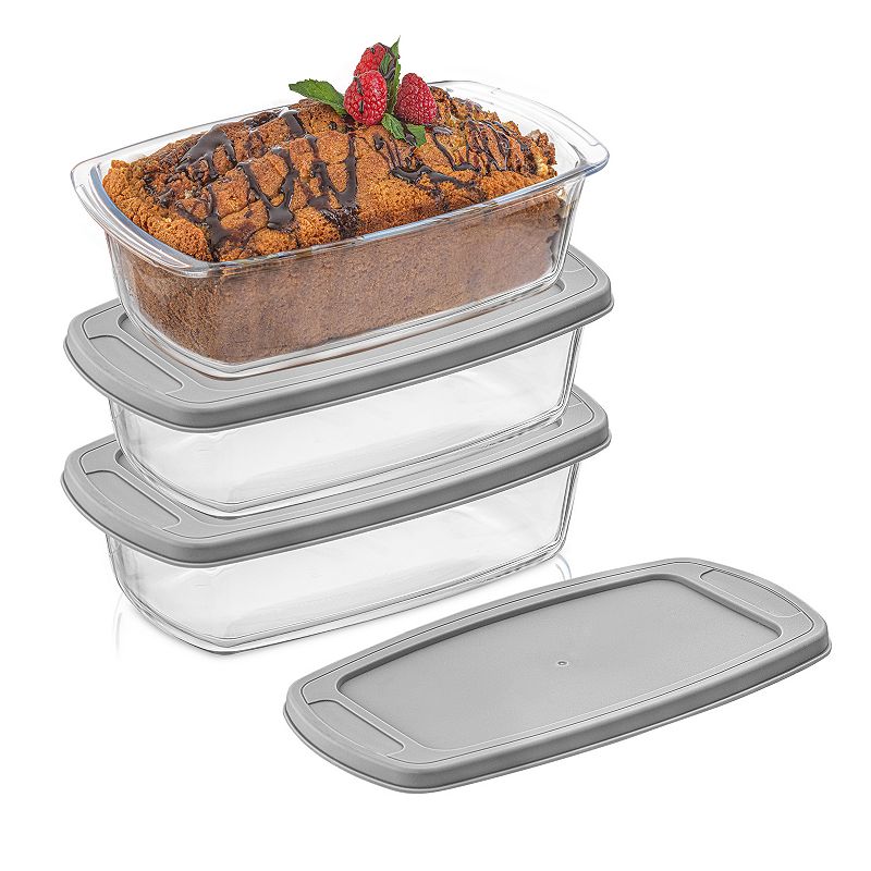 JoyJolt Glass Loaf Pans with Lids, Set of 3, Gray
