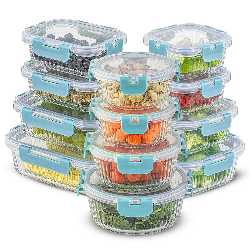 JoyJolt 24-Piece Fluted Food Storage Container Set with Lids, Blue