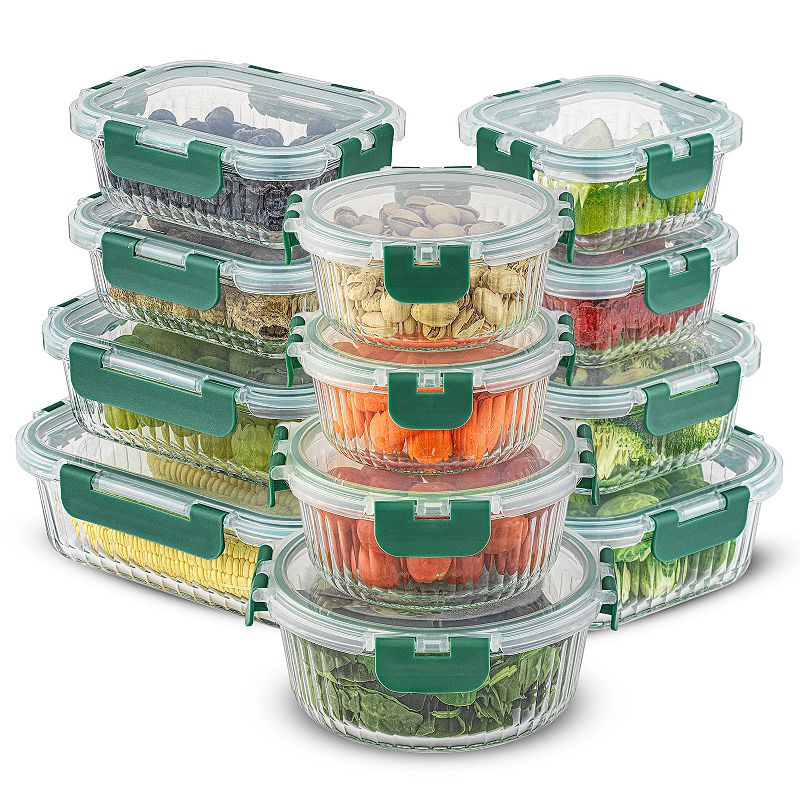 JoyJolt 24-Piece Fluted Food Storage Container Set with Lids, Green