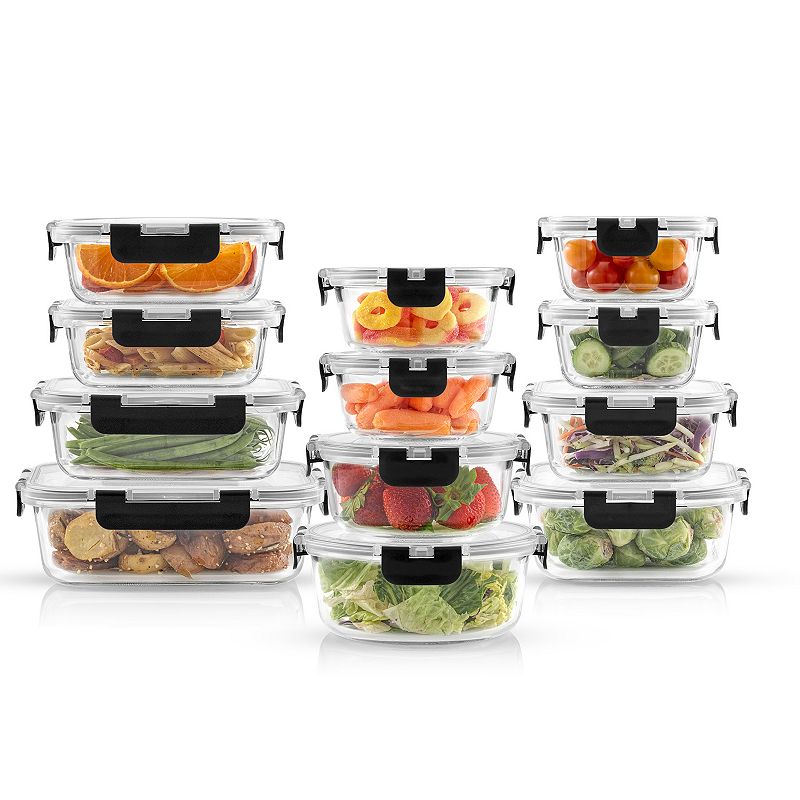 JoyJolt 24-Piece Glass Storage Containers with Leakproof Lids Set, Black