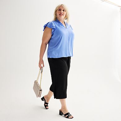 Plus Size Nine West Satin V-Neck Flutter Sleeve Blouse