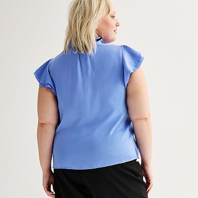 Plus Size Nine West Satin V-Neck Flutter Sleeve Blouse