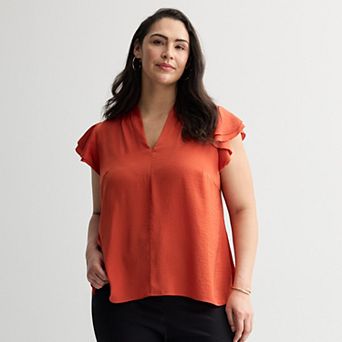 Plus Size Nine West Satin V-Neck Flutter Sleeve Blouse