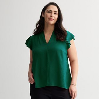 Plus Size Nine West Satin V-Neck Flutter Sleeve Blouse
