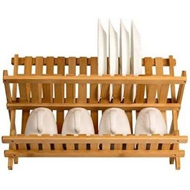 2 Tier Wooden Dish Drainer - Bamboo Drying Rack Collapsible Compact Plate Rack for Kitchen