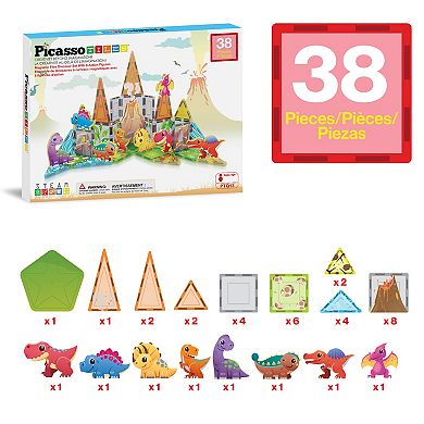 PicassoTiles 38 Piece Dino Park, STEM Toy Magnetic Tile, Building Block for Kid Age 3 & Up, PTQ13