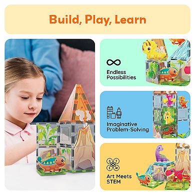 PicassoTiles 38 Piece Dino Park, STEM Toy Magnetic Tile, Building Block for Kid Age 3 & Up, PTQ13