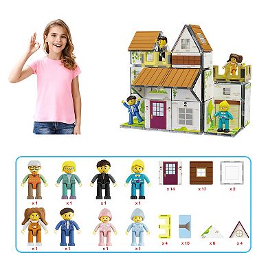 Family Homestead Doll House Double Sided Magnet Tiles Playset With 8 Character Action Figures PTQ06