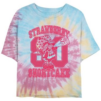 Juniors' Strawberry Shortcake 80 Collegiate Crop Top Tie Dye Graphic Tee