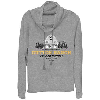 Juniors' Yellowstone Dutton Ranch Barn Cowlneck Graphic Lightweight Long Sleeve