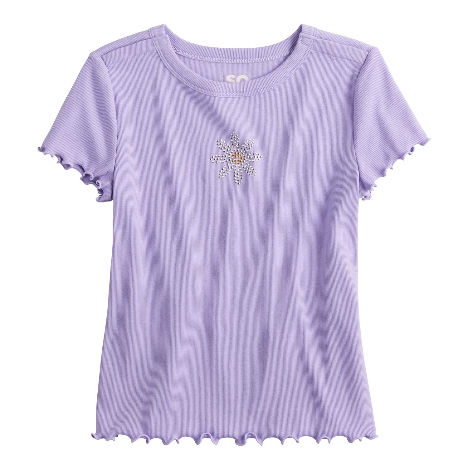 A purple shirt with a rhinestone flower in the middle