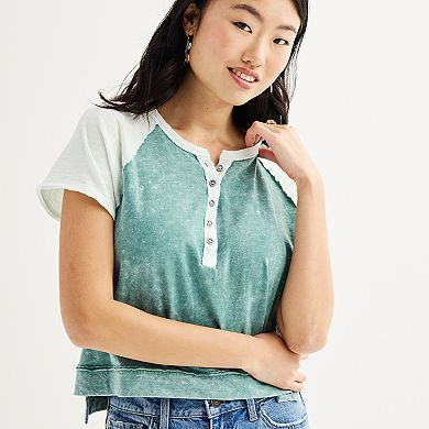 Juniors' SO Raglan Sleeve Henley Varsity T-Shirt