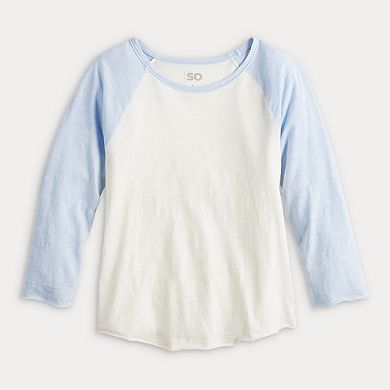Juniors' SO Raglan Sleeve Henley Varsity T-Shirt