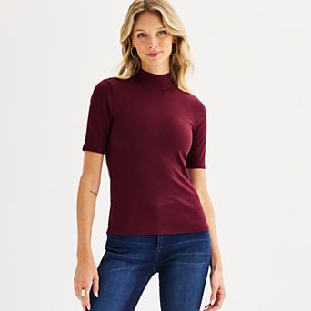 Petite Nine West Fitted Elbow Sleeve Mockneck T-Shirt
