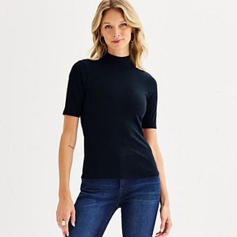 Petite Nine West Fitted Elbow Sleeve Mockneck T-Shirt