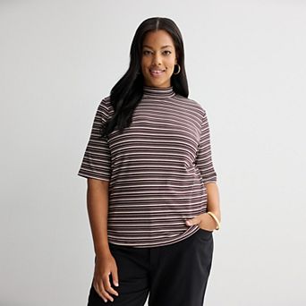 Plus Size Nine West Elbow Sleeve Fitted Mock Neck Top