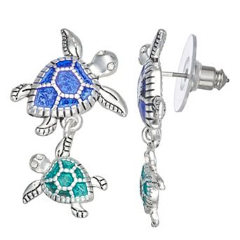Napier Silver Tone Blue & Green Enamel Ocean World Turtle Double Drop Earrings