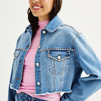 Juniors Vanilla Star Cropped Studded Denim Jacket