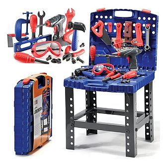 76 pc Kids Tool Bench Set, Foldable Tool Set with Electronic Play Drill Construction Workshop