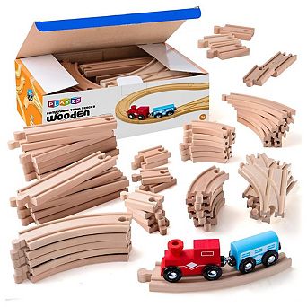 52 pc Wooden Train Tracks Set + Toy Trains - Wooden Train Sets for Kids