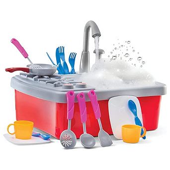 17 pc Play Sink with Running Water - Kitchen Sink Toy with Real Faucet & Drain, Dishes, Utensils
