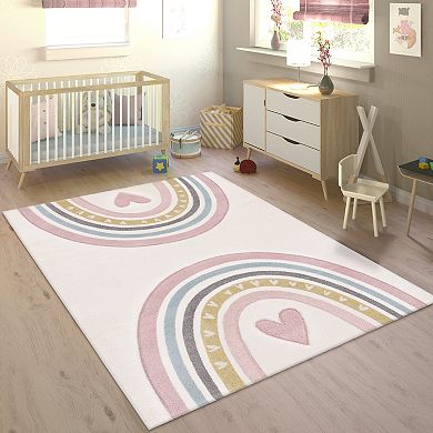 Kids Rug for Nursery with Rainbows & Hearts in Cream Pastel