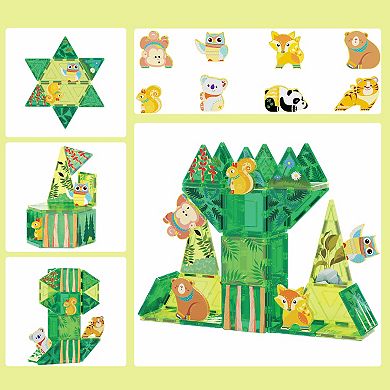 Magnet Tile Building Blocks Forest Animal Theme Toy Set With 8 Character Action Figures