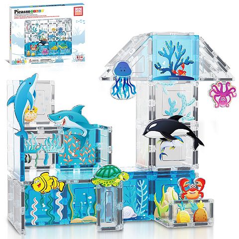 Детские конструкторы PicassoTiles Magnetic Tiles, 52 pc Marine Animals Theme, STEM Magnet Building Blocks Toy Kids Toddler