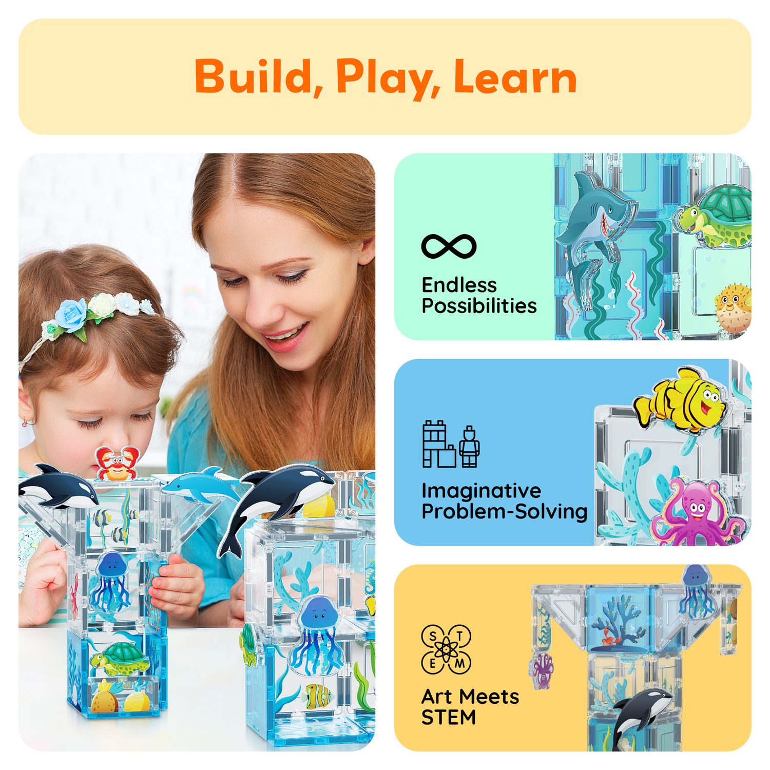 Детские конструкторы PicassoTiles Magnetic Tiles, 52 pc Marine Animals Theme, Stem Magnet Building Blocks Toy Kids Toddler — фото 3