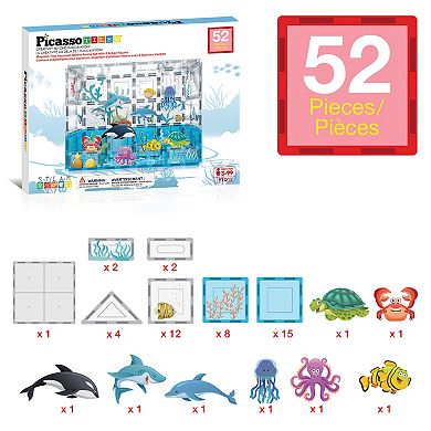 PicassoTiles 52 PC Marine Themed, Magnetic Tiles Building Blocks for Kids, Magnet for Kids 3+
