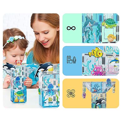 PicassoTiles 52 PC Marine Themed, Magnetic Tiles Building Blocks for Kids, Magnet for Kids 3+