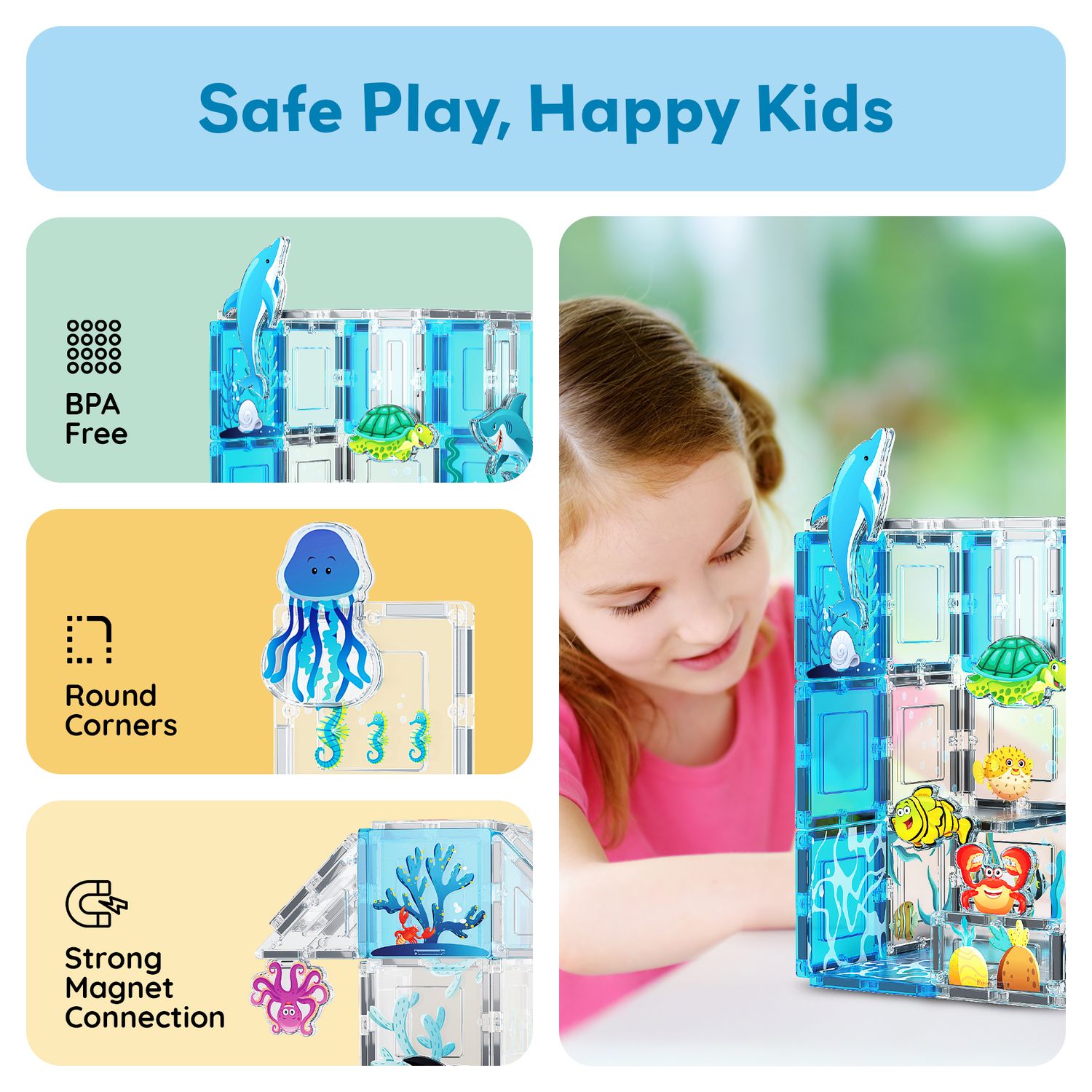 Детские конструкторы PicassoTiles Magnetic Tiles, 52 pc Marine Animals Theme, Stem Magnet Building Blocks Toy Kids Toddler — фото 5