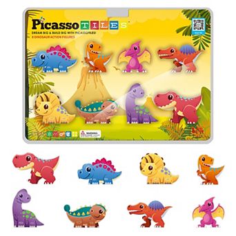 PicassoTiles 8 pc Dinosaur, STEM Toy Magnetic Tiles, Building Blocks for Kids Age 3 & Up, PTA23