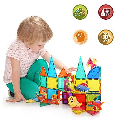 PicassoTiles 8 Piece Dinosaur, STEM Toy Magnetic Tiles, Building Blocks for Kids Age 3 & Up, PTA23