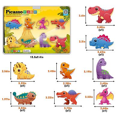 Picassotiles 8pc Magnet Tiles Building Blocks 8 Dinosaur Magnetized Action Figures