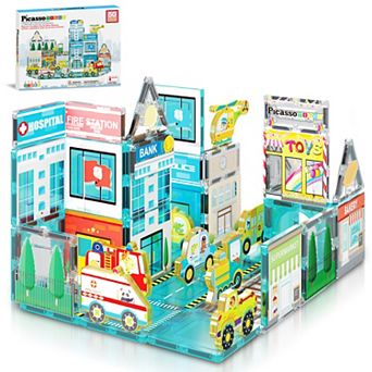 PicassoTiles 42 pc City & Cars, STEM Toy Magnetic Tile, Building Block for Kid Age 3 & Up, PTQ14